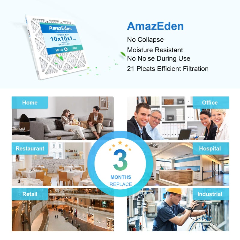 AmazEden 10x10x1 Air Filter (4-Pack) MERV 8 MPR 600 Pleated HVAC AC Furnace Air Filters Dust Defense Replacement (Exact Dimensions: 9.81x9.81x0.81 Inches) - Image 5